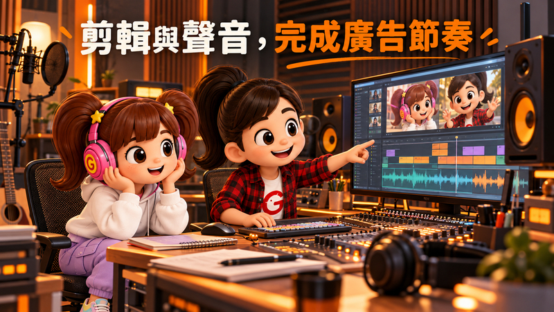 Angel 與 Candy 在剪輯室監看畫面並試聽
