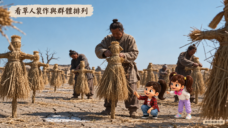 草木做兵劇照導讀,觀察綁束草人的手部動作與排列