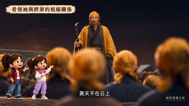 黃巾軍劇照導讀,觀察持杖人物與前景群眾的視線關係