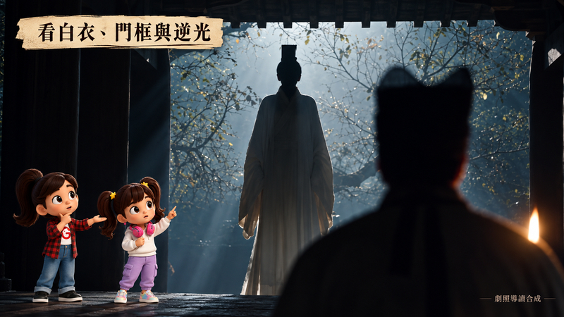 白衣入宮劇照導讀,觀察門框、白衣與前景暗部