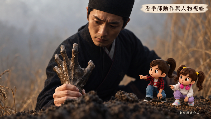 荒墳屍起劇照導讀,觀察人物視線與原圖手部動作
