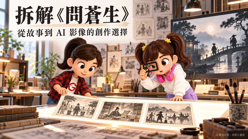 店長與小助理在工作室拆解問蒼生分鏡的概念示意