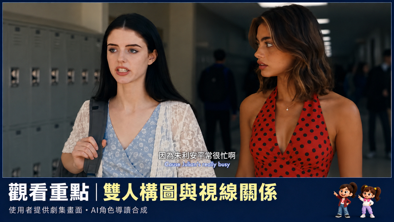 校園走廊雙人劇照與縮小角色導讀